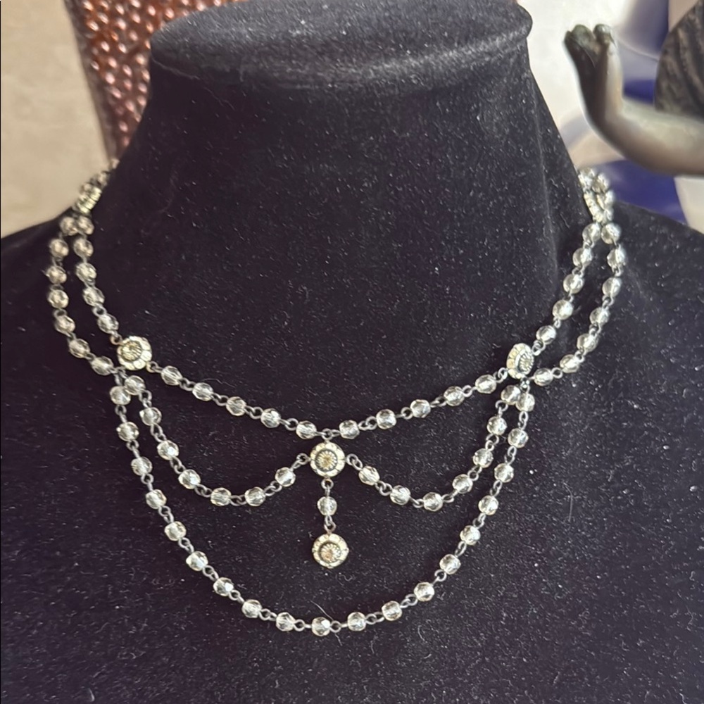Silver Smoky Swarovski floral smoky crystal faceted layers beaded  Necklace